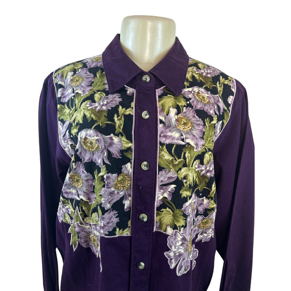 Vintage The Quacker Factory Women Purple Button-Up Floral Embroidered Shirt Sz L