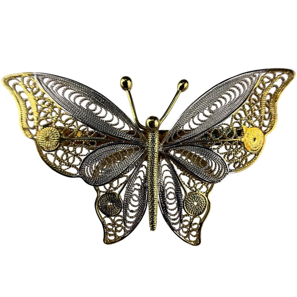 Sterling Silver & Gold Tone Filigree Butterfly Brooch 925 Intricate Vintage Design