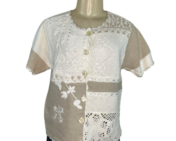 220 Hickory Vintage Style Beige & White Patchwork Button-Up Cardigan Sz SML