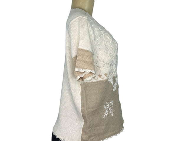 220 Hickory Vintage Style Beige & White Patchwork Button-Up Cardigan Sz SML