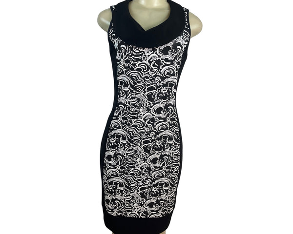Joseph Ribkoff Sleeveless Black & White Patterned Dress W/ Cowl Neck Women Sz 8