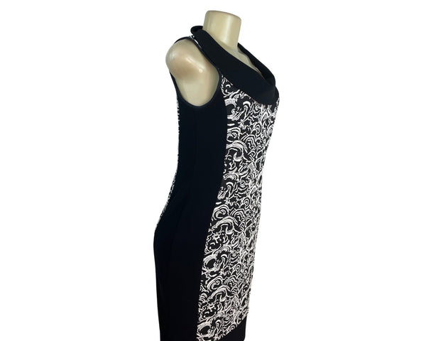 Joseph Ribkoff Sleeveless Black & White Patterned Dress W/ Cowl Neck Women Sz 8