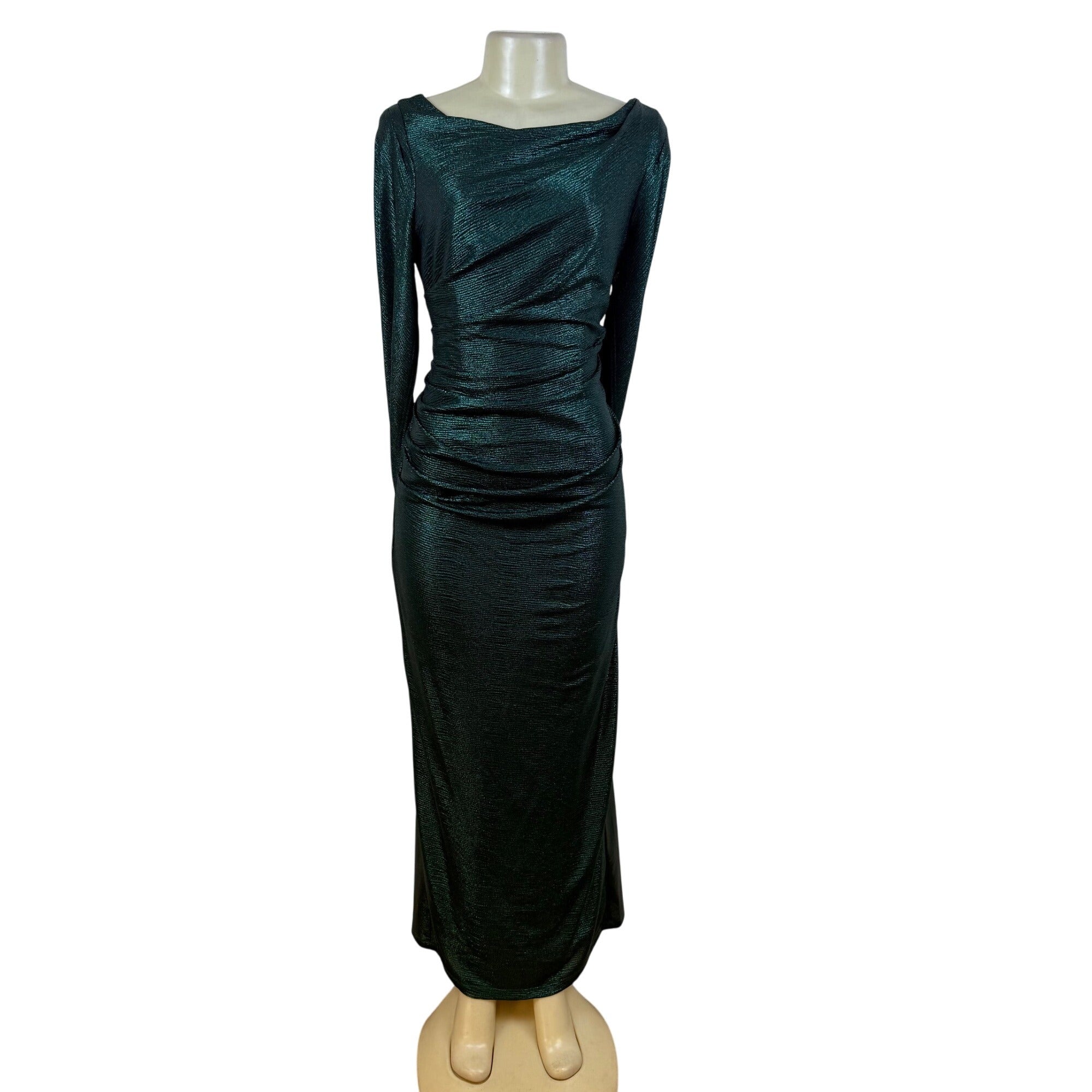 R&M Richards Green Metallic Long Sleeve Maxi Dress Women's Shimmery Size 12 R&M Richards Green Metallic Long Sleeve Maxi Dress Women's Shimmery Size 12