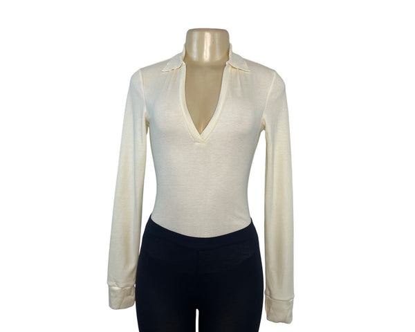 Free People By Intimately Vintage-Inspired Off-White Collared Ribbed Knit Long Sleeve Bodysuit