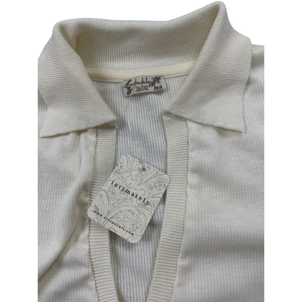 Free People By Intimately Vintage-Inspired Off-White Collared Ribbed Knit Long Sleeve Bodysuit