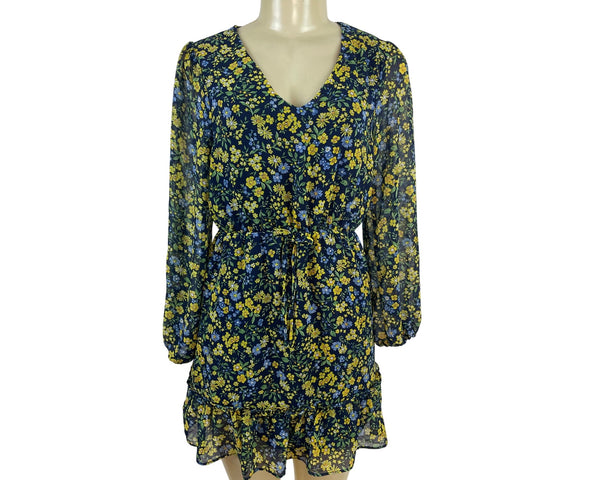 3rd + Malt Floral Print Long Sleeve Mini Dress With Tie Waist & Ruffled Hem Size S