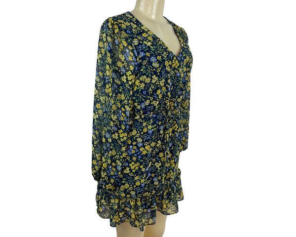 3rd + Malt Floral Print Long Sleeve Mini Dress With Tie Waist & Ruffled Hem Size S