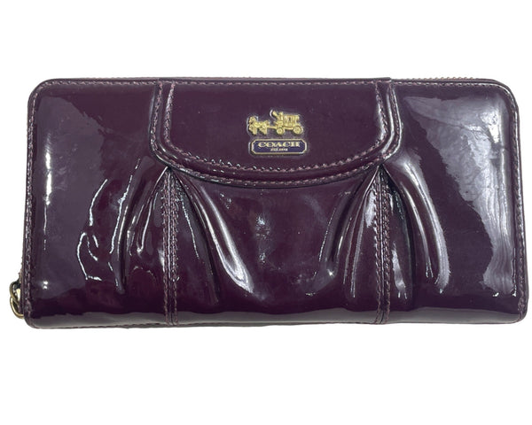 Vintage Coach Women Glossy Plum Burgundy Logo Art Leather Wallet Size S