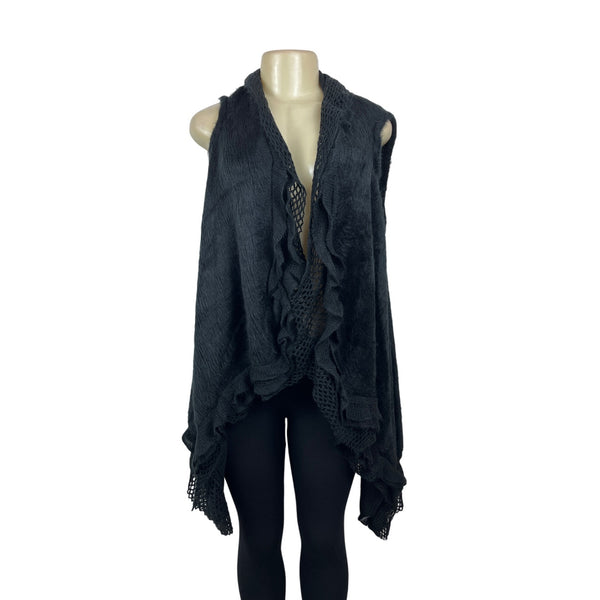 Black Open Front Sleeveless Cardigan Vest With Ruffled Edges - New