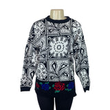 Vintage Headliners Black & White Graphic Knit Sweater W Floral Trim Women’s Sz L