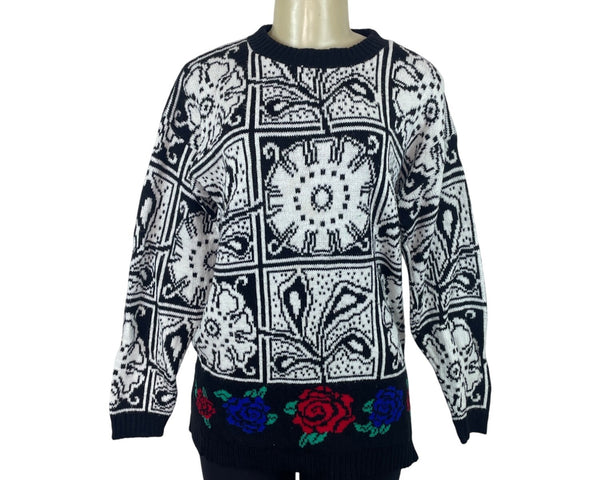 Vintage Headliners Black & White Graphic Knit Sweater W Floral Trim Women’s Sz L