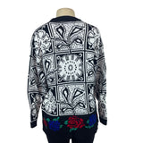 Vintage Headliners Black & White Graphic Knit Sweater W Floral Trim Women’s Sz L