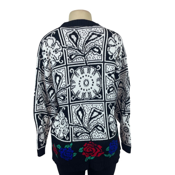Vintage Headliners Black & White Graphic Knit Sweater W Floral Trim Women’s Sz L