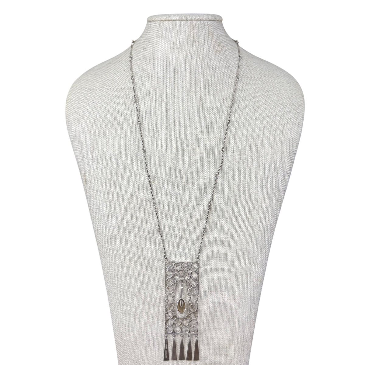 Vintage Israel Sterling Silver Pendant Necklace With Smoky Quartz Detail