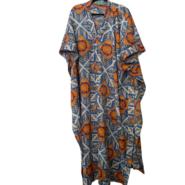 Antica Sartoria Womens Blue/Orange Cotton Geometric Print Caftan One Size Fits Most