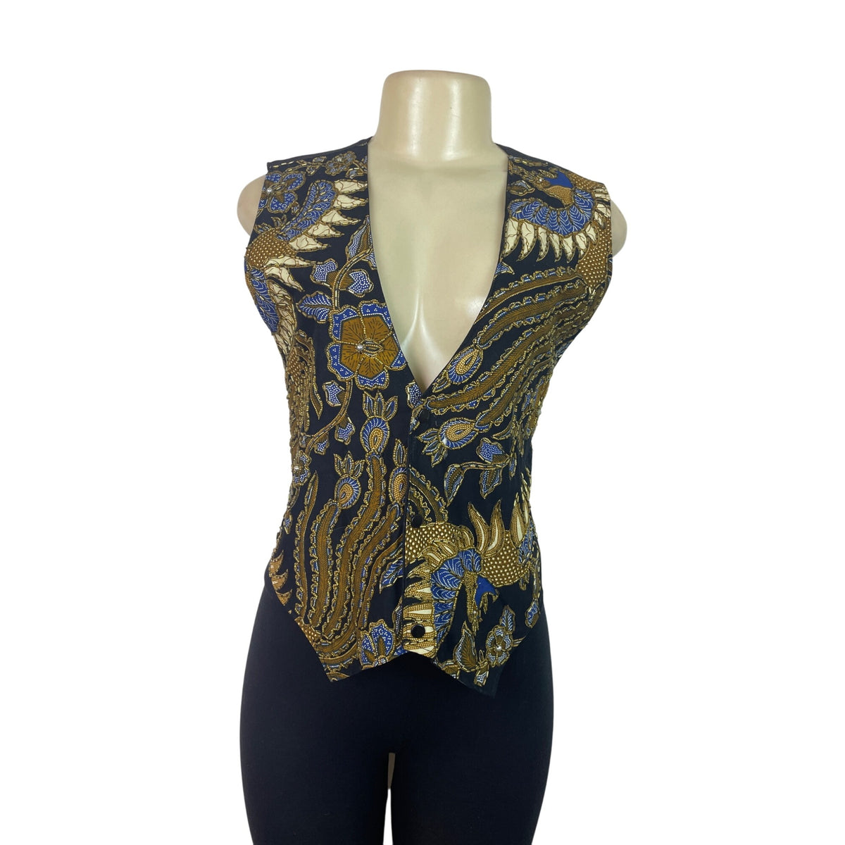 Vintage Batik Print Tie-Back Vest Top Womens Black Gold Blue Size S