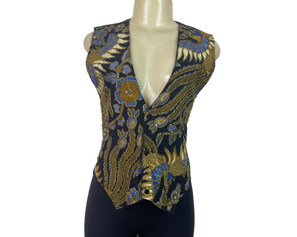 Vintage Batik Print Tie-Back Vest Top Womens Black Gold Blue Size S