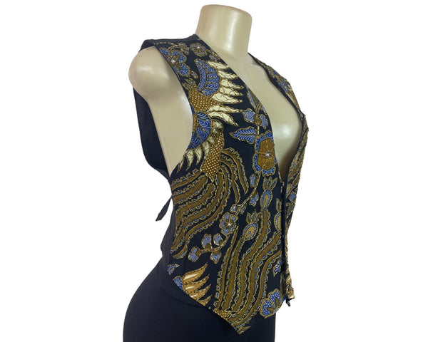 Vintage Batik Print Tie-Back Vest Top Womens Black Gold Blue Size S