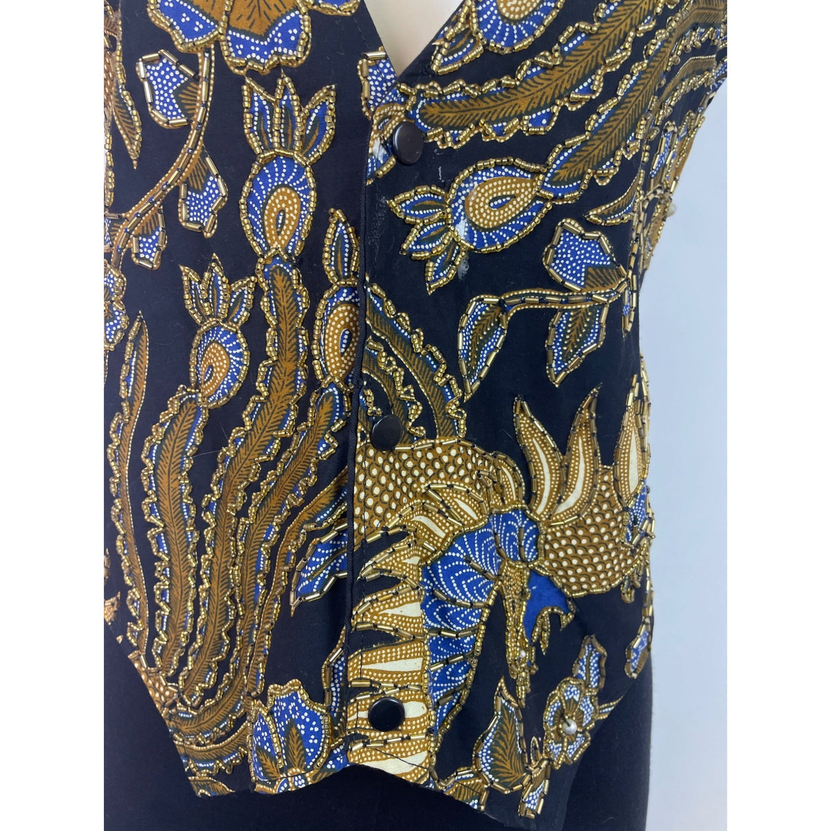 Vintage Batik Print Tie-Back Vest Top Womens Black Gold Blue Size S