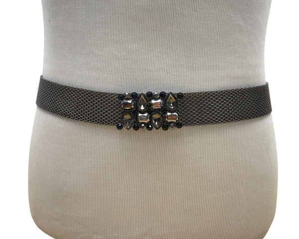 Vintage-Inspired Gunmetal Mesh Belt With Rhinestone Embellishment Adjustable
