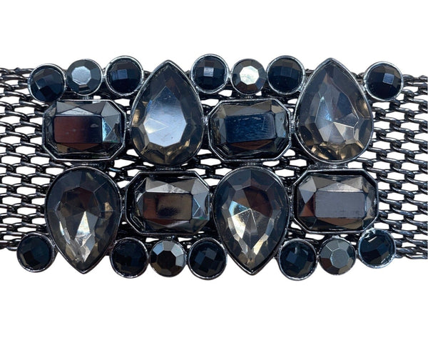 Vintage-Inspired Gunmetal Mesh Belt With Rhinestone Embellishment Adjustable