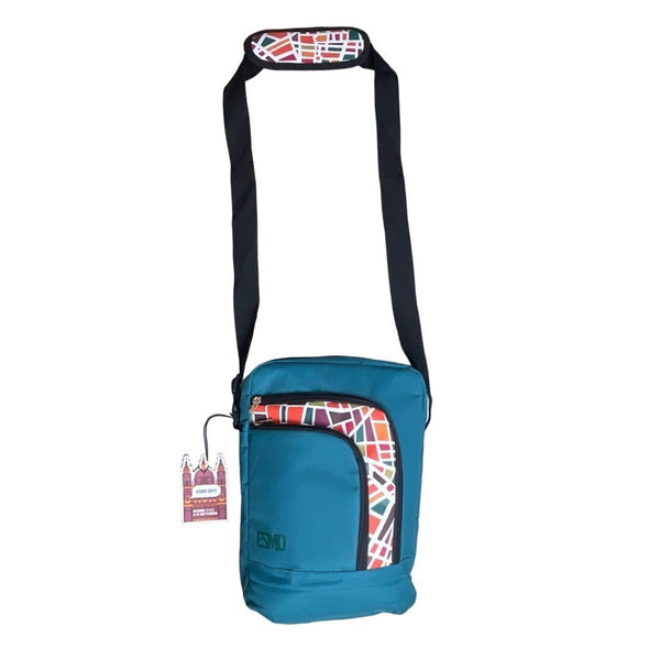Esmo Women's Aqua Blue Multicolor Tiles Graph Tablet Crossbody Bag Sz M - NWT