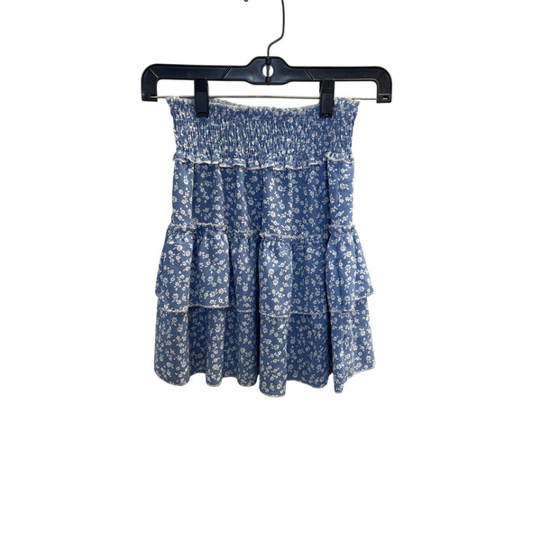 Smocked Floral Tiered Skirt Blue White Feminine Lightweight Summer Casual Elastic Waist