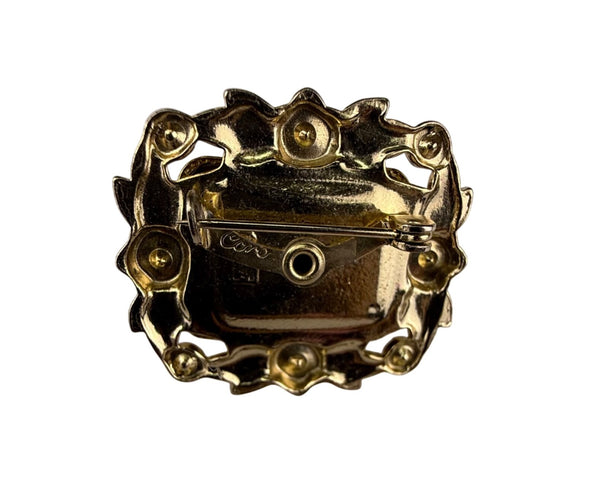 Vintage Coro Gold Tone Brooch Womenβs Amber Glass Rhinestone Floral Design