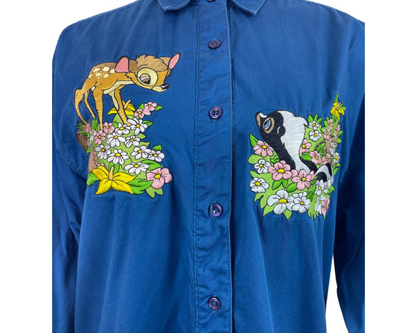 Vintage Mickey Inc Bambi & Flower Embroidered Blue Button-Up Shirt Size L