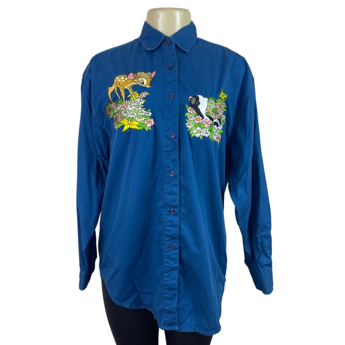 Vintage Mickey Inc Bambi & Flower Embroidered Blue Button-Up Shirt Size L