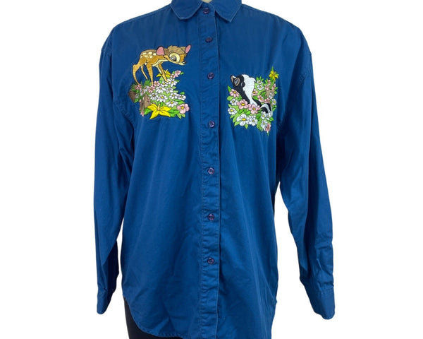 Vintage Mickey Inc Bambi & Flower Embroidered Blue Button-Up Shirt Size L