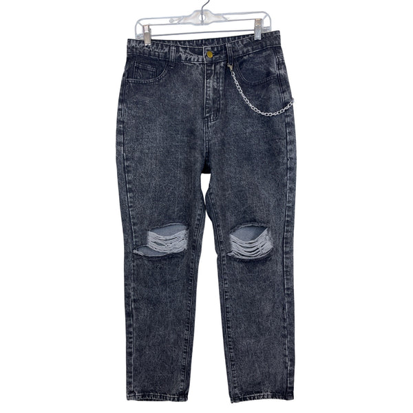 Acid Wash Mens Black Denim Distressed Relaxed Fit Jeans With Chain Size 34