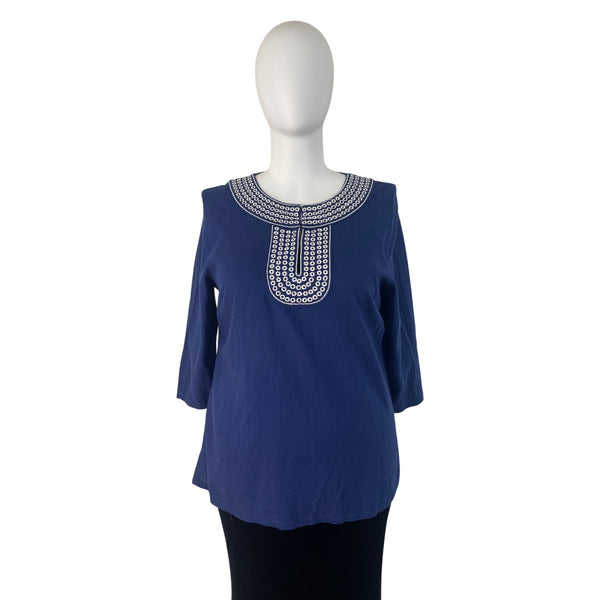 Carole Little Women’s Blue 3/4 Sleeve Top Embroidered Neckline Split Hem Sz 1X