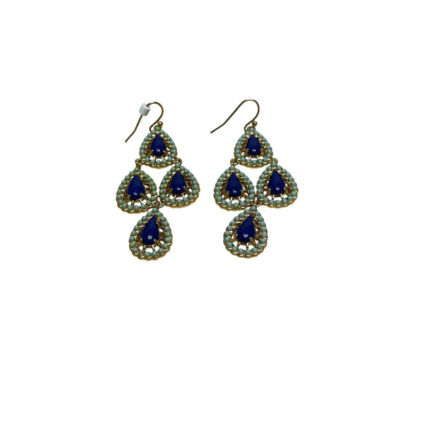 Gold & Blue Womens Statement Dangle Earrings Teardrop Shape With Hook Closure