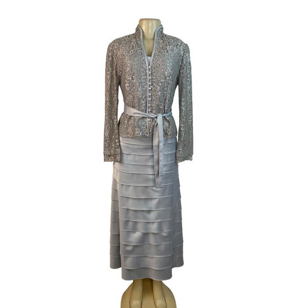 JS Collections Womens Silver Lace Jacket & Tiered Satin Skirt Formal Set Sz 2
