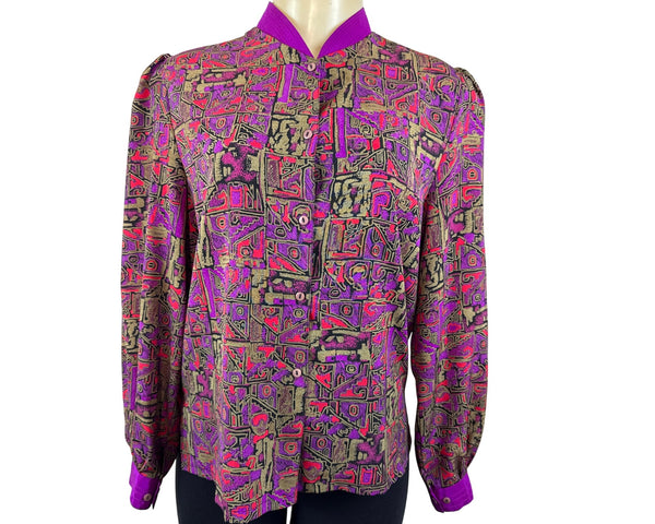 Vintage Abstract Print Button-Up Blouse With Purple Accents Womens