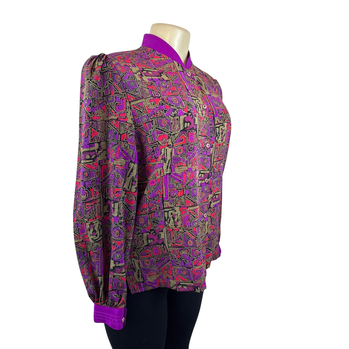 Vintage Abstract Print Button-Up Blouse With Purple Accents Womens