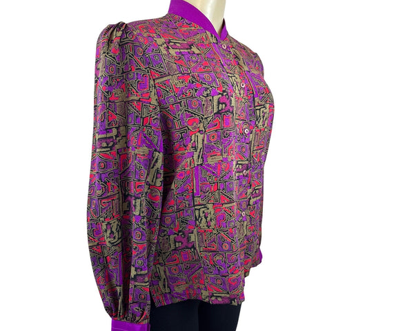 Vintage Abstract Print Button-Up Blouse With Purple Accents Womens