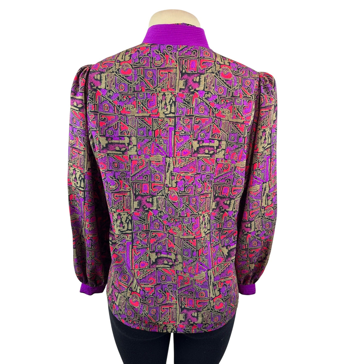 Vintage Abstract Print Button-Up Blouse With Purple Accents Womens