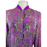 Vintage Abstract Print Button-Up Blouse With Purple Accents Womens