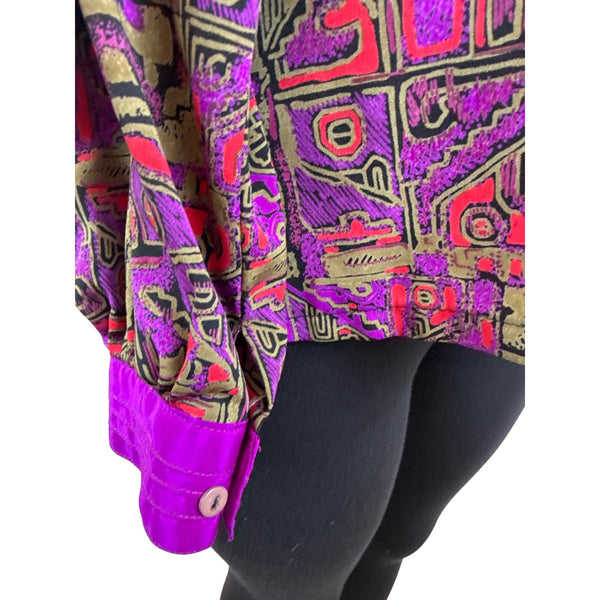 Vintage Abstract Print Button-Up Blouse With Purple Accents Womens