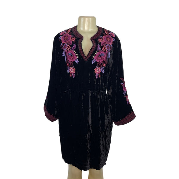 Johnny Was Black Velvet Dress With Pink & Purple Floral Embroidery Sz XXL - New