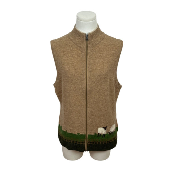 Woolrich Womens Green & Brown Sleeveless Lambswool Zip-Up Sheep Design Vest Sz M