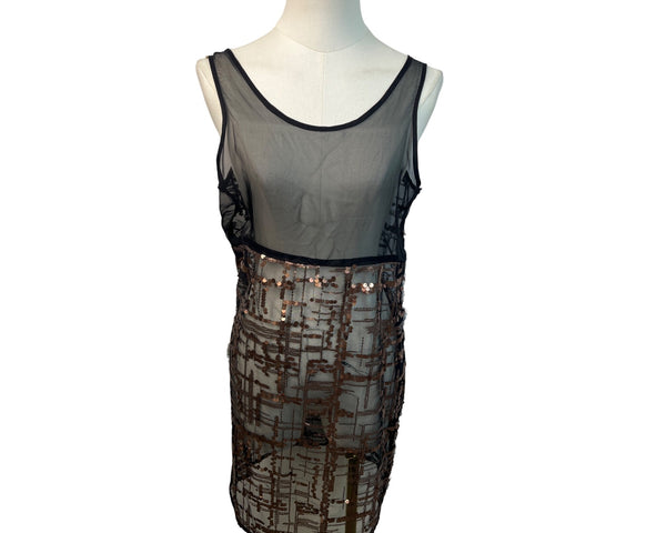 Black Sheer Sleeveless Dress With Bronze Sequin Geometric Pattern