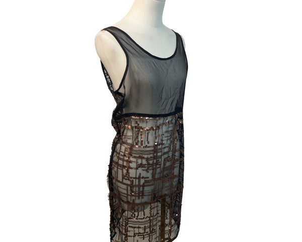 Black Sheer Sleeveless Dress With Bronze Sequin Geometric Pattern
