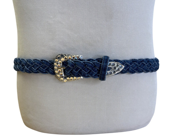 Vintage Simply Barbs Braided Denim Belt With Rhinestone Buckle & Tip