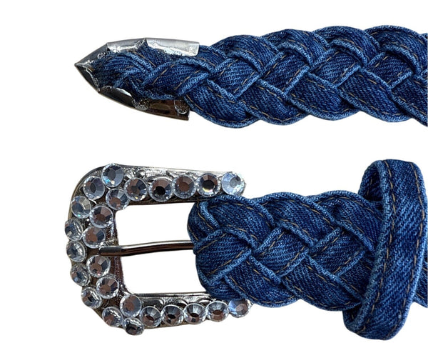 Vintage Simply Barbs Braided Denim Belt With Rhinestone Buckle & Tip