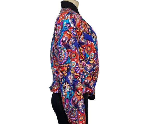 Margueritelli Womens Vintage Silk Bomber Jacket Paisley Print Multicolor Size M