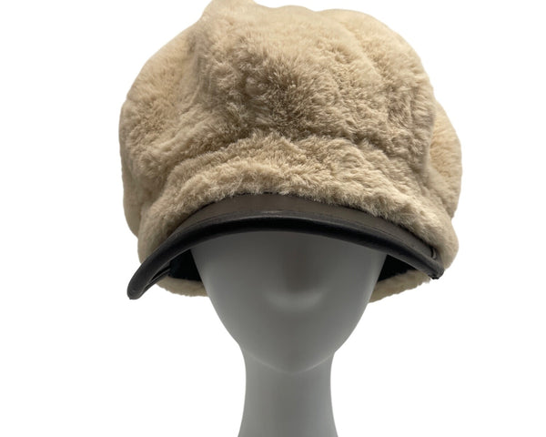 Vintage Inspired Fur Beige Newsboy Cap With Black Faux Leather Brim