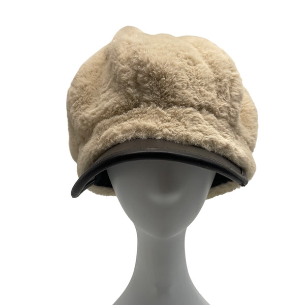 Vintage Inspired Fur Beige Newsboy Cap With Black Faux Leather Brim